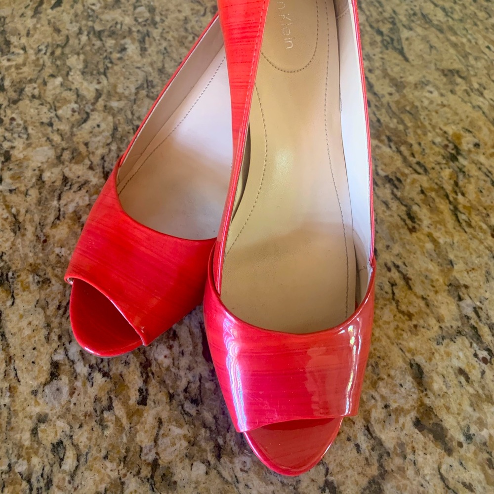 Calvin Klein Parisa Streak Patent Leather Peeptoe Shoes in coral